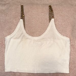 White ribbed crop top with gold chain straps